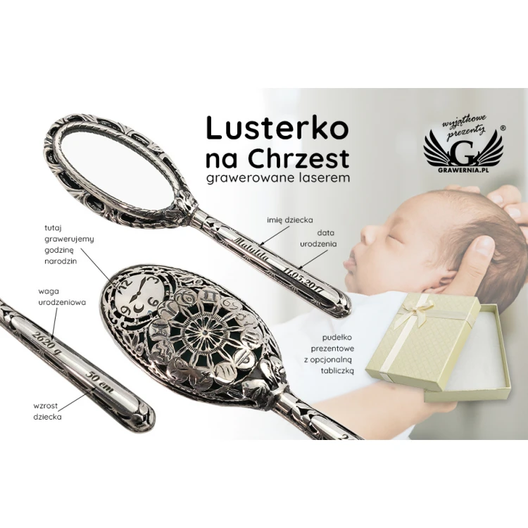  Lusterko Srebrne w drewnianym pudełku z dedykacją - Pamiątka Chrztu Świętego - SRB025-1